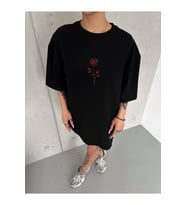 Unisex Bisiklet Yaka Baskılı Oversize T-Shirt - Siyah