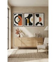 Sıcak Tonlarda Modern Geometrik Soyut Sanat 3’lü Ahşap Çerçeveli Tablo Seti