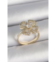 Pirinç Gold Renk Zirkon Taşlı Yonca Model Ayarlanabilir Kadın Yüzük TJ-BYK3719
