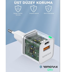Lexroo Qbic PD 30Watt GaN Hızlı Şarj Aleti, A + C Girişli, Beyaz, Dual Port, USB A ve Type C