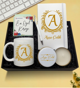Kişiye Özel Beyaz Defter & Beyaz Kupa & Beyaz Kalem & Beyaz Metal Kutulu Mum Hediye Seti