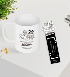 BK Gift Kişiye Özel İsimli Öğretmenler Günü Tasarımlı Kupa Bardak ve Ahşap Kitap Ayracı Hediye Seti -1, Öğretmene Hediye, Öğretmenler Günü