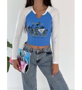 Noa Noa Reglan Kol Crop (Mavi)