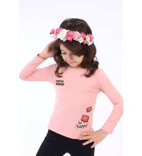 Toontoy Kız Çocuk Baskılı Tişört (Koyu Pudra)