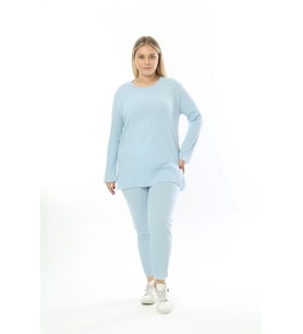 Büyük Beden Uzun Kollu Yüksek Bel Beli Lastikli Yırtmaçlı İnce Pijama Takım (Bebe Mavi)