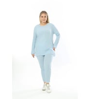 Büyük Beden Uzun Kollu Yüksek Bel Beli Lastikli Yırtmaçlı İnce Pijama Takım (Bebe Mavi)