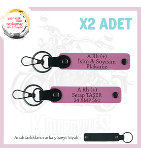 Yol Tutkunlarına İsim Plaka ve A Rh (+) Kan Grubu Yazılı Kişiselleştirilmiş x2 Anahtarlık, Pembe-Syh