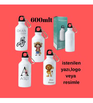 Kancalı Beyaz su matarası - 600mlt-kişiye özel baskılı