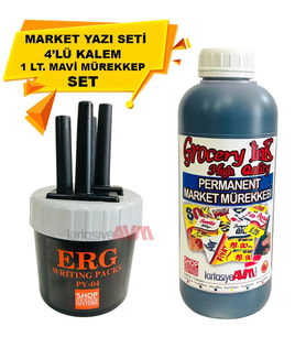 Market Kalemi 4'lü Set + Market Yazı Mürekkebi Mavi Renk