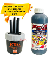Market Kalemi 4'lü Set + Market Yazı Mürekkebi Mavi Renk