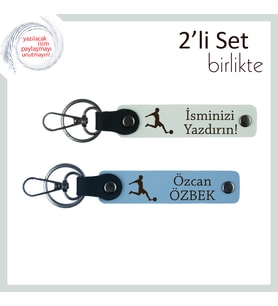Erkek Arkadaşa Özel İsim Yazılı Anahtarlık, Futbol Figürlü Yazı Eklenebilir Tasarım, Beyaz-Gök Mavi