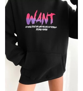 Baskılı Üç İplik Kapüşonlu Oversize Sweatshirt - Siyah