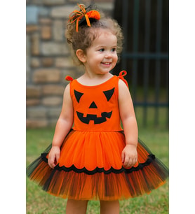 Halloween Cadılar Bayramına Özel Turuncu -Siyah Arkası Lastikli Tokalı Balkabağı Kız Kostümü