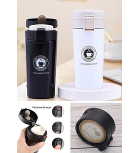 2 Adet Siyah Beyaz İnox Mug Termos 12 Saate Kadar Sıcak Soğuk Tutma Filtreli Çift Katmanlı 380ml