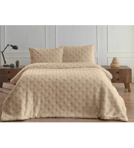Merinos Diamond Çift Kişilik Yatak Örtüsü Peluş Kürk Yumuşak Comforter Yorgan Seti (Bej)