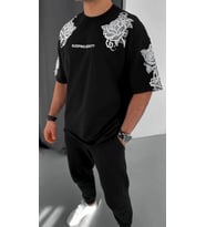 Erkek Kısa Kol Yazlık Tişört Bisiklet Yaka Baskılı Oversize T-Shirt - Siyah