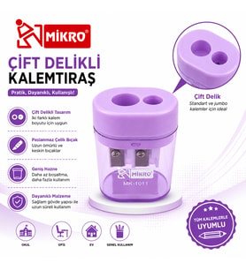 Mikro Çift Delikli Kalemtıraş 1 Adet Hazneli Standart ve Jumbo Kalem Uyumlu MK-1011