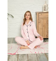Kadın Pembe Beyaz Çizgili Gömlek Yaka Uzun Kol Mevsimlik Pamuk Likra Pijama