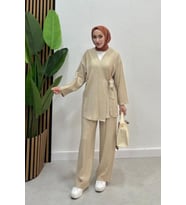 Kadın Çapraz Bağlamalı Keten Kimono Tesettür Pantolon Takım (Bej)