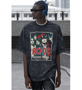 AC DC Highway To Hell Rock Metal Müzik Grubu Baskılı Unisex Oversize Vintage Yıkamalı Tişört