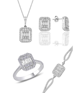 Söğütlü Silver Gümüş rodyumlu baget taşlı dörtlü set