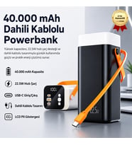 40.000mAh Dahili Kablolu Powerbank 22.5W Hızlı Şarj, USB-C Giriş/Çıkışlı LCD Göstergeli Taşınabilir Şarj Cihazı