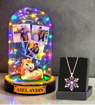 Kişiye Özel Renkli Led Işıklı Fanus ve Gerçek Ametist Taşlı Lotus Kolye (Model 6)