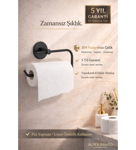 Premium Siyah 304 Paslanmaz Çelik Solo Havluluk, Peçetelik – 5 Yıl Garantili – Yapışkanlı & Vidalı Montaj