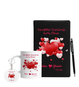 Sevgililer Gününe Özel Siyah Defter Kalem Kupa & Süblimasyon Anahtarlık Hediye Seti 31