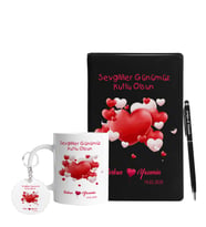 Sevgililer Gününe Özel Siyah Defter Kalem Kupa & Süblimasyon Anahtarlık Hediye Seti 31