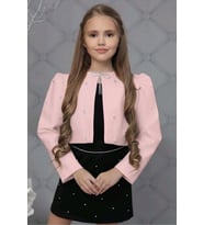Kız Çocuk Üzeri Taş İşlemeli Etek Askılı Penye Bluz ve Pudra Blazer Ceket Etekli