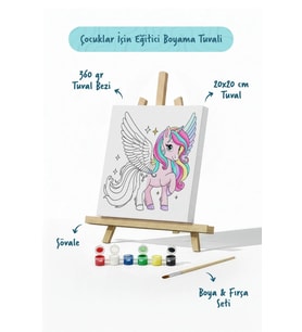 Kanatlı Unicorn Temalı Çocuk Boyama Tuvali – Şövaleli Eğitici Boyama Seti 20x20 cm