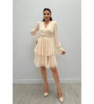 Sifon Kumaş Kruvaze Yaka Mini Elbise - KREM