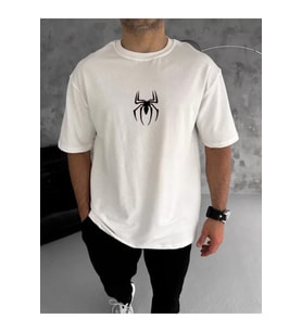 Unisex Bisiklet Yaka Baskılı Oversize T-Shirt - Beyaz