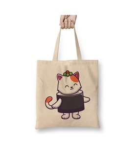 Cute Cat Sushi Salmon Japon Kedi Beyaz Bez Çanta Uzun Saplı Alışveriş Çantası Plaj Çantası