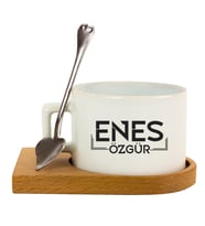 İsme Özel Ahşap Tepsili Çay Fincanı Seti (Beyaz)