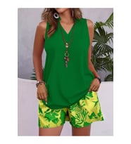 Kadın Askılı V Yakalı Sandy Bluz Ve Desenli Short Ikili Takım
