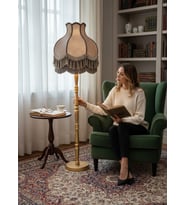 Vizon Kadife Başlık Gold Ahşap Ayaklı Lambader Vintage Model 170x50cm