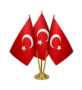 Masa Üstü Üçlü Türkiye Cumhuriyeti Bayrağı Üçlü Pirinç Direk Masa Bayrak Seti