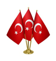 Masa Üstü Üçlü Türkiye Cumhuriyeti Bayrağı Üçlü Pirinç Direk Masa Bayrak Seti