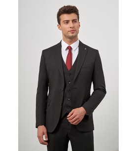 Siyah Kendinden Desenli Armürlü Kılıç Yaka Tam Astar Çift Yırtmaç 2 Düğme Yelekli 6 Drop Slim Fit Classic Takım Elbise 1001245152