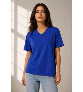 V Yaka Basic Tişört Kısa Kol Yazlık Regular Fit T-Shirt - Saks Mavisi