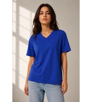 V Yaka Basic Tişört Kısa Kol Yazlık Regular Fit T-Shirt - Saks Mavisi