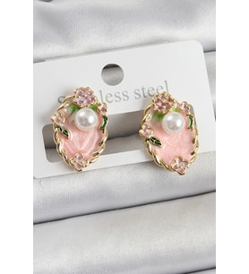 Pirinç Pembe Mineli İnci Detaylı Sanatsal Portre Model Gold Renk Kadın Küpe 588 - HEP-3450-814