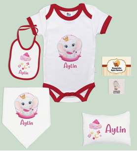 BK Kids Kişiye Özel İsimli 6 Parça Kırmızı Bebek Body Zıbın Battaniye ve Yastık Hediye Seti, Yeni Doğan Bebek Giyim Hediyesi-4