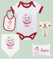 BK Kids Kişiye Özel İsimli 6 Parça Kırmızı Bebek Body Zıbın Battaniye ve Yastık Hediye Seti, Yeni Doğan Bebek Giyim Hediyesi-4