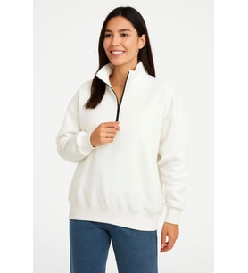 Üç İplik Dık Yaka Yarım Fermuarlı SweatShirt - Beyaz