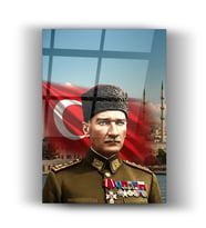Atatürk Bayrak Atatürk Silüetli Cam Tablo - 4mm Dayanıklı - Hediyelik - Dekoratif - Ofis - Coffe Dekorasyonu (Kırmızı)