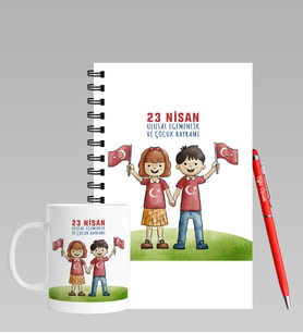 23 Nisan Tasarımlı Kişiye Özel Ahşap Defter Kalem & Kupa Hediye Seti