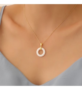 925 Ayar Gümüş Doğal Jade Beyaz Taşlı Kolye (Altın)